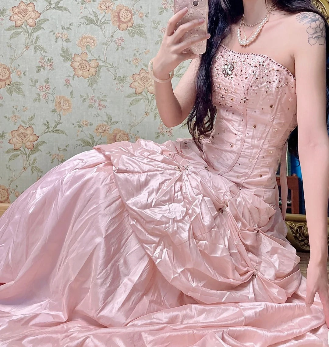 Gorgeous Pink A-Line Strapless Taffeta Beaded Quinceanera Dresses Long Evening Gowns ED03425