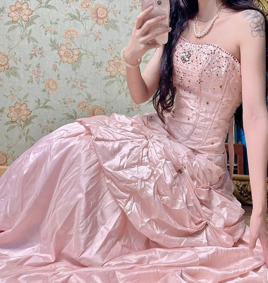 Gorgeous Pink A-Line Strapless Taffeta Beaded Quinceanera Dresses Long Evening Gowns ED03425