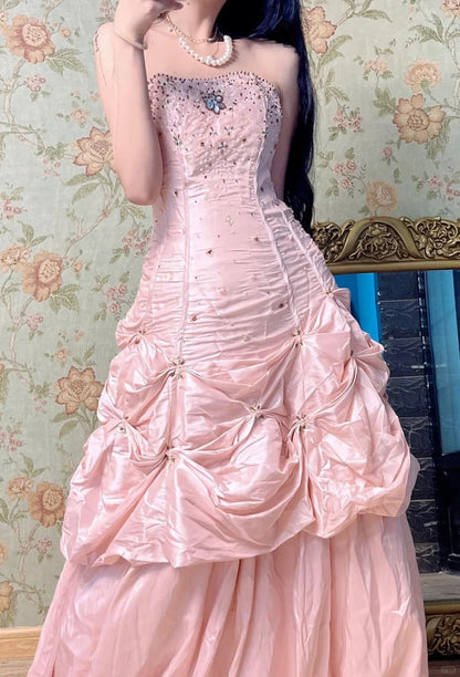 Gorgeous Pink A-Line Strapless Taffeta Beaded Quinceanera Dresses Long Evening Gowns ED03425