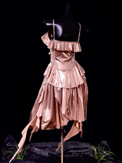 Classic Rose Gold Pink Spaghetti Straps Sheath Satin Short Prom Dresses Birthday Party Dress ED03426