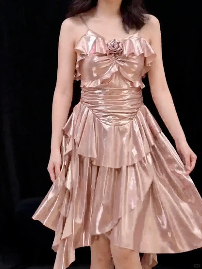 Classic Rose Gold Pink Spaghetti Straps Sheath Satin Short Prom Dresses Birthday Party Dress ED03426