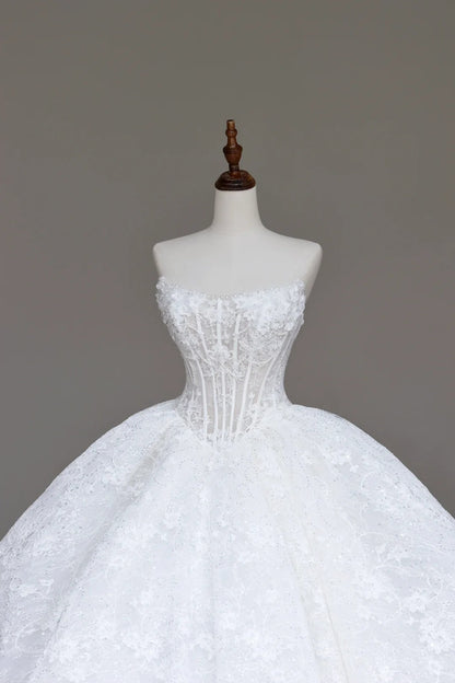 Gorgeous White Strapless A-Line Lace Applique Long Wedding Dress ED03428