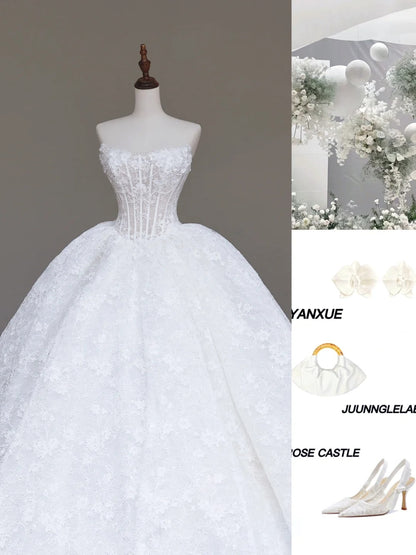 Gorgeous White Strapless A-Line Lace Applique Long Wedding Dress ED03428