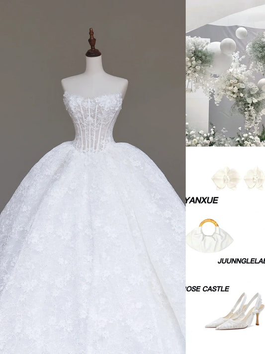 Gorgeous White Strapless A-Line Lace Applique Long Wedding Dress ED03428