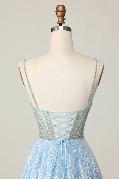 Sparkly Light Blue  A Line V Neck Sequins Homecoming Dress Short Sweet Birthday Dress ED03431