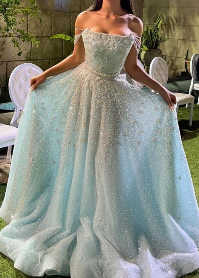 Lovely Sky Blue A-Line Tulle Beaded Off-shoulder Long Prom Dresses, Sweet 16 Dress ED03430