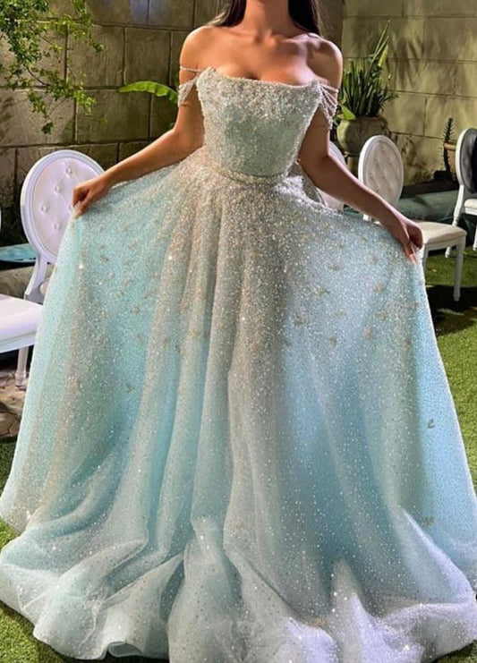 Lovely Sky Blue A-Line Tulle Beaded Off-shoulder Long Prom Dresses, Sweet 16 Dress ED03430