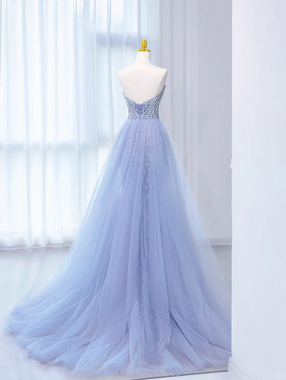 Elegant Periwinkle Purple Mermaid V-neck Beaded Tulle Long Evening Gowns Train Wedding Dress ED03434
