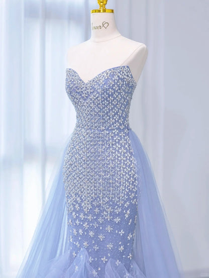 Elegant Periwinkle Purple Mermaid V-neck Beaded Tulle Long Evening Gowns Train Wedding Dress ED03434