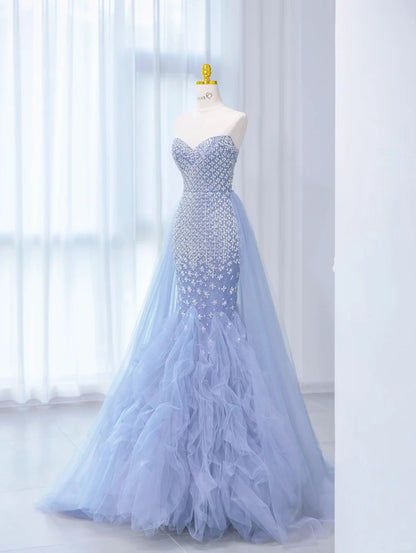 Elegant Periwinkle Purple Mermaid V-neck Beaded Tulle Long Evening Gowns Train Wedding Dress ED03434