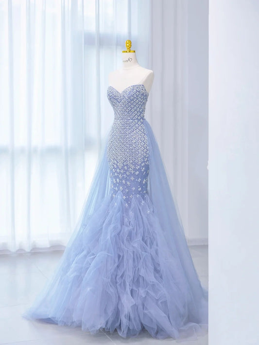 Elegant Periwinkle Purple Mermaid V-neck Beaded Tulle Long Evening Gowns Train Wedding Dress ED03434