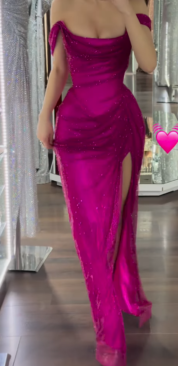 Glamour Fuchsia Off-shoulder Sheath Sparkly Long Prom Dresses, Formal Evening Gowns ED03435