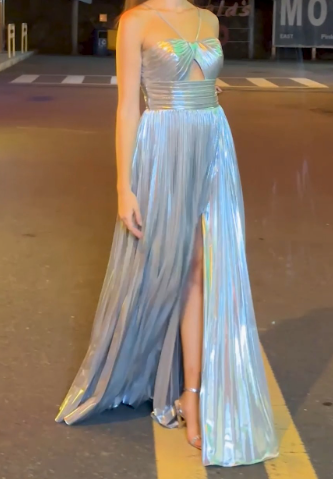 Fashion Silver Halter Sheath Satin Long Prom Dresses, Formal Evening Gowns ED03436