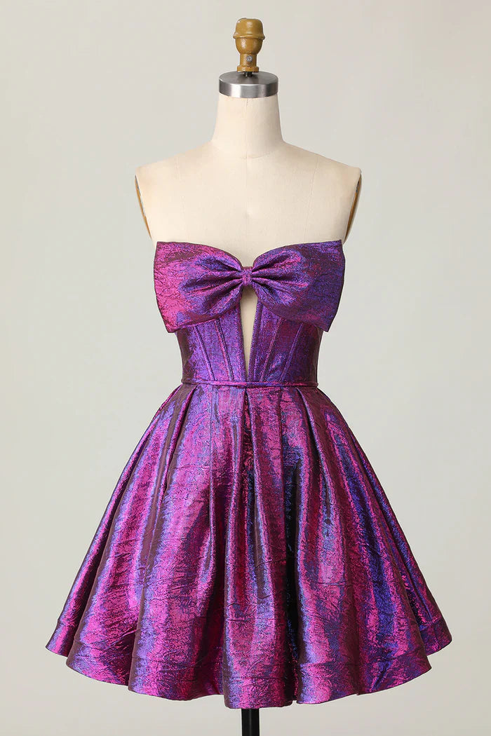 Sweet Purple Strapless A-Line Satin Short Homecoming Dress with Bow ED03437