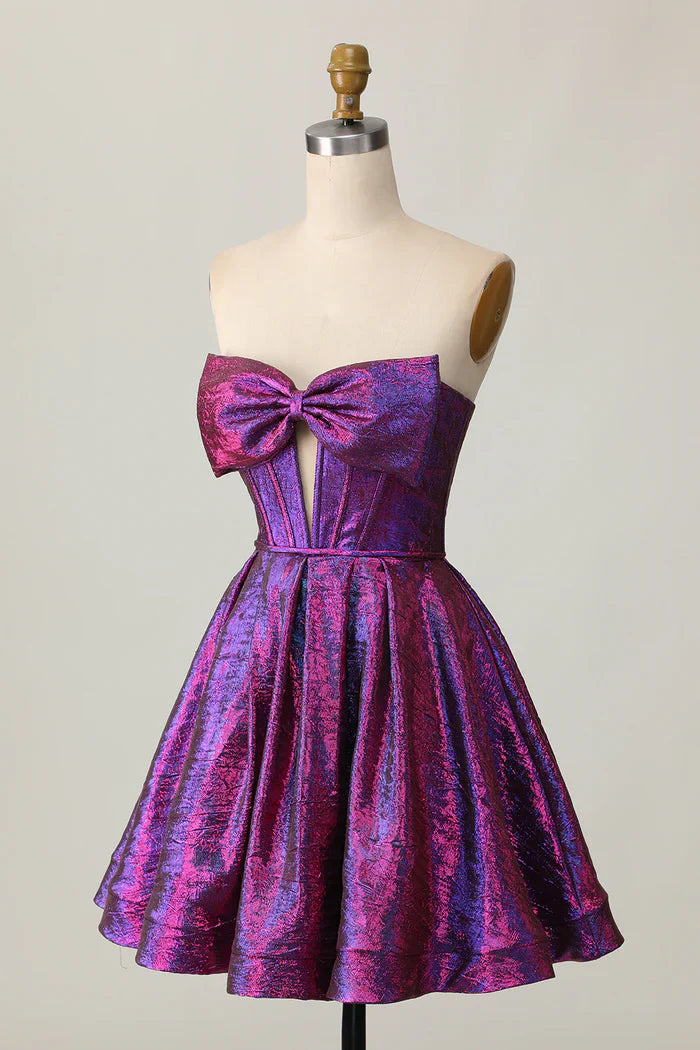 Sweet Purple Strapless A-Line Satin Short Homecoming Dress with Bow ED03437