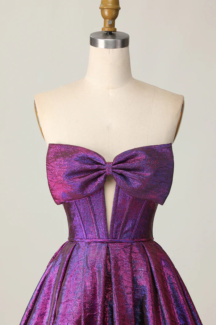 Sweet Purple Strapless A-Line Satin Short Homecoming Dress with Bow ED03437