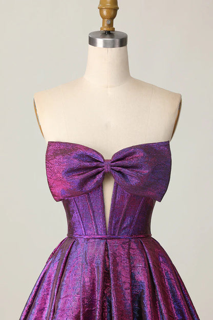 Sweet Purple Strapless A-Line Satin Short Homecoming Dress with Bow ED03437