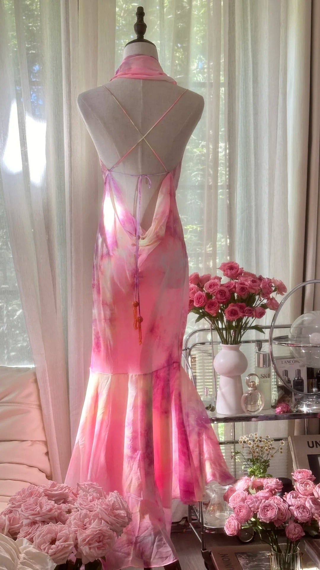 Gorgeous Spaghetti Strap Pink Sheath Chiffon Prom Dresses Vintage Backless Evening Gowns ED03438