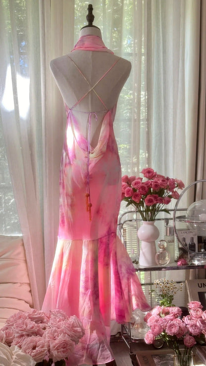 Gorgeous Spaghetti Strap Pink Sheath Chiffon Prom Dresses Vintage Backless Evening Gowns ED03438