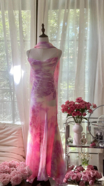 Gorgeous Spaghetti Strap Pink Sheath Chiffon Prom Dresses Vintage Backless Evening Gowns ED03438