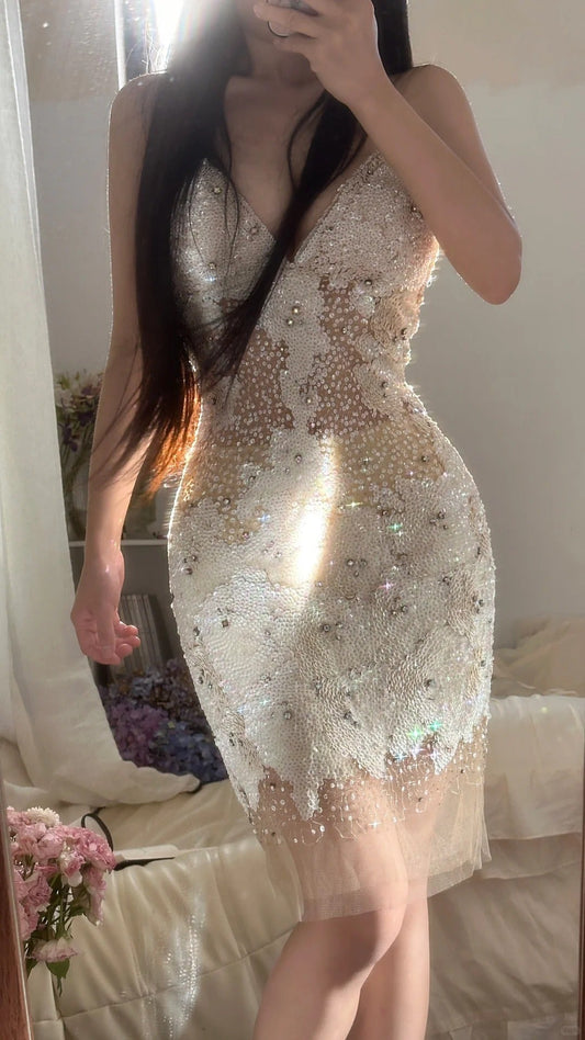 Sexy White Sweetheart Neck Sheath Beaded Tulle Short Party Dresses Sweet 16 Dress ED03439