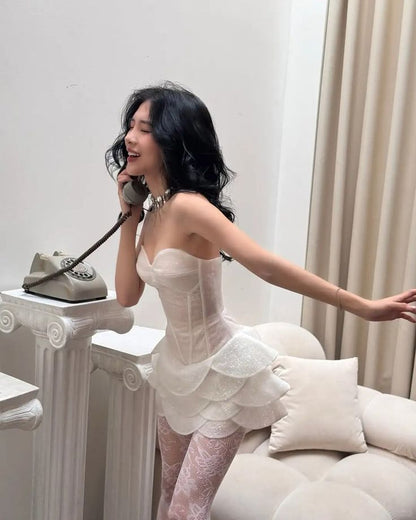 Chic White Sweetheart Sparkly Tulle Short Ballgowns Sweet Birthday Dress ED03442