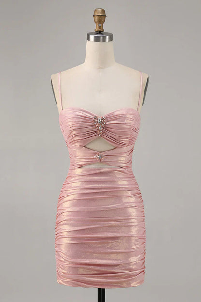 Sexy Pink Spaghetti Strap Bodycon Glitter Satin Backless Short Birthday Dress, Homecoming Dress ED03445