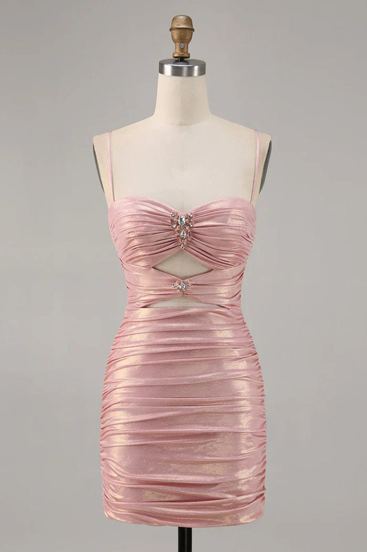 Sexy Pink Spaghetti Strap Bodycon Glitter Satin Backless Short Birthday Dress, Homecoming Dress ED03445