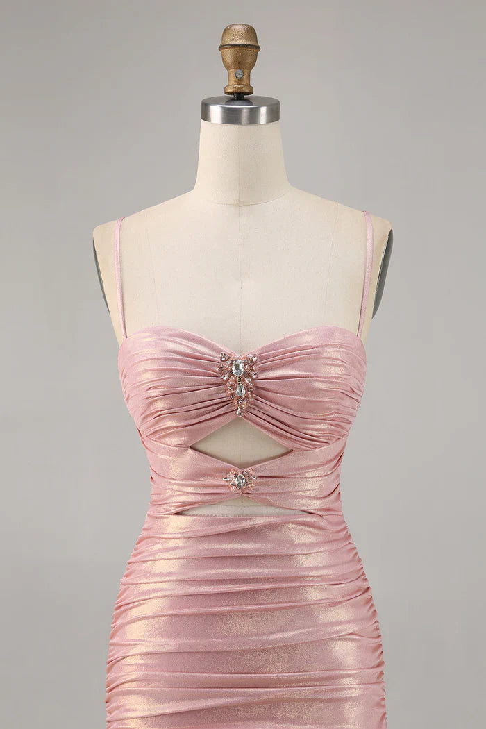 Sexy Pink Spaghetti Strap Bodycon Glitter Satin Backless Short Birthday Dress, Homecoming Dress ED03445