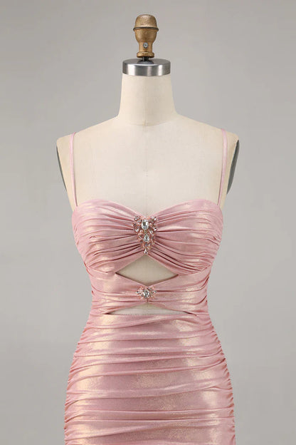 Sexy Pink Spaghetti Strap Bodycon Glitter Satin Backless Short Birthday Dress, Homecoming Dress ED03445