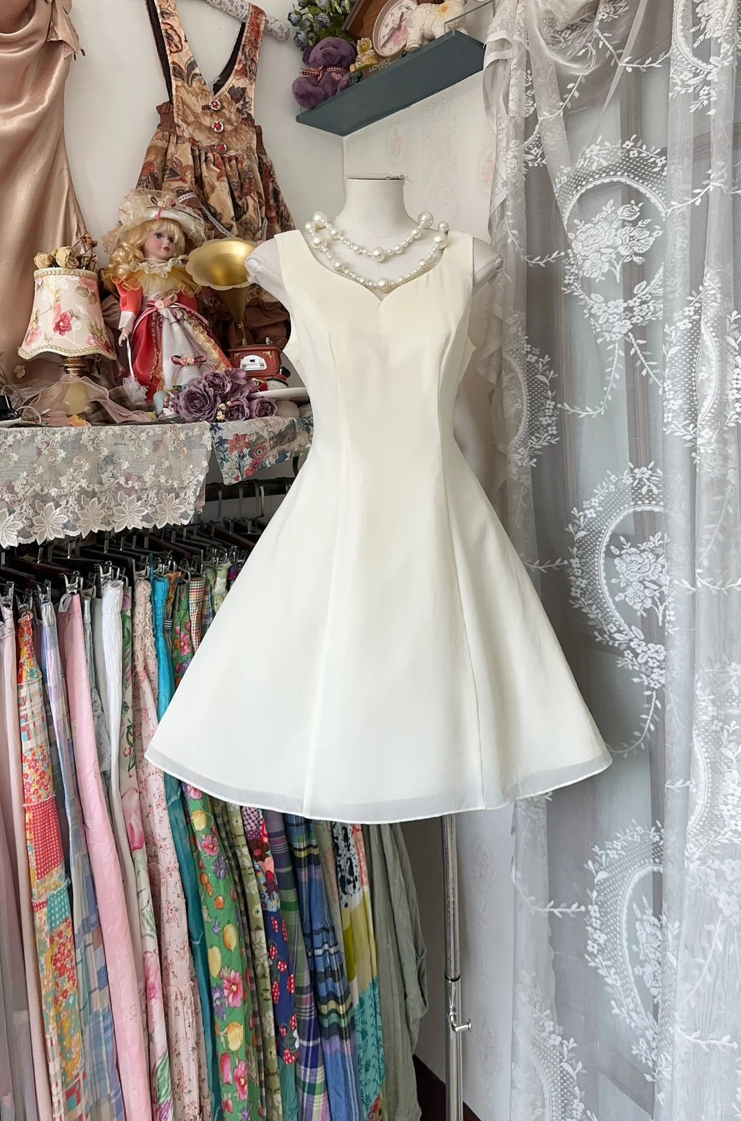 Vintage Off-White V-Neck A-Line Chiffon Short Birthday Dress, Graduation Dress ED03446