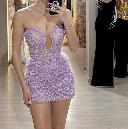 Chic Purple Sweetheart Neck Bodycon Beaded Short Evening Gowns Fashion Party Dress ED03447