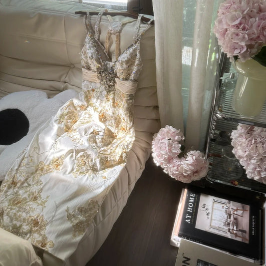 Vintage Spaghetti Strap Bodycon Beaded Satin Short Evening Dress ED03449