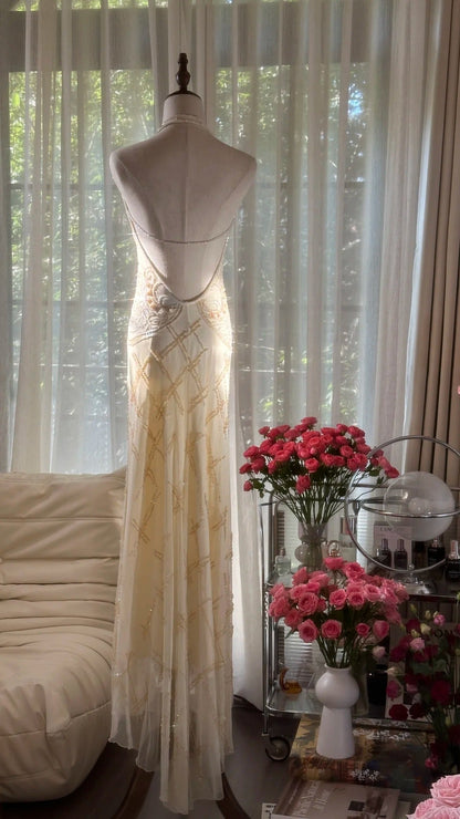 Vintage Off-White V-Neck Sheath Beaded Chiffon Long Backless Prom Dresses, Elegant  Evening Gowns ED03451