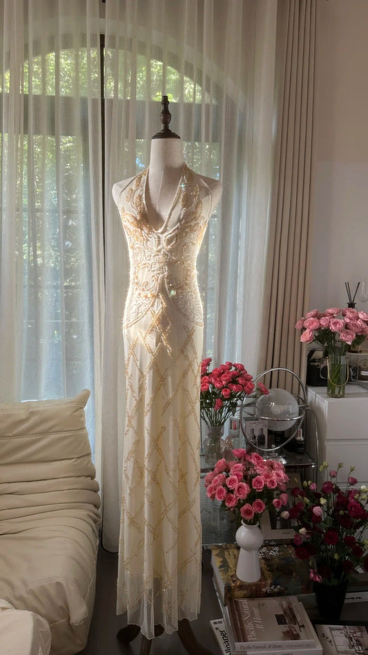 Vintage Off-White V-Neck Sheath Beaded Chiffon Long Backless Prom Dresses, Elegant  Evening Gowns ED03451