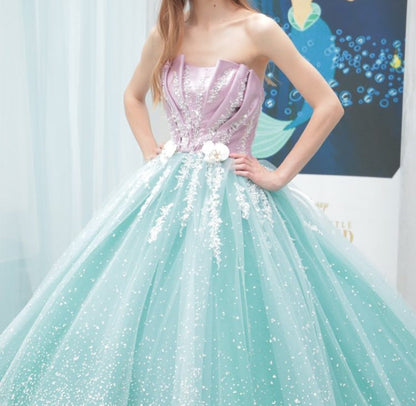 Sweet Blue Strapless Tulle Beaded Long Ball Gowns Glamour Quinceañera Dress ED03453