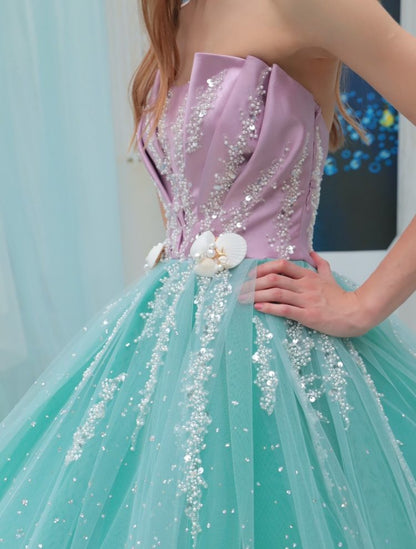 Sweet Blue Strapless Tulle Beaded Long Ball Gowns Glamour Quinceañera Dress ED03453