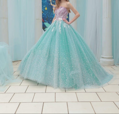 Sweet Blue Strapless Tulle Beaded Long Ball Gowns Glamour Quinceañera Dress ED03453