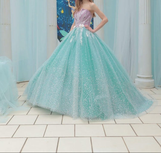 Sweet Blue Strapless Tulle Beaded Long Ball Gowns Glamour Quinceañera Dress ED03453
