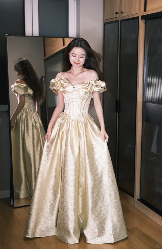Classic Champagne Gold A-Line Off Shoulder Satin Long Prom Dresses Sweet 16 Dress ED03455