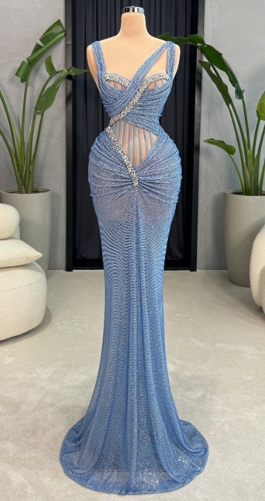 Elegant Gray Blue Mermaid Asymmetric Lace Long Prom Dresses, Formal Evening Gowns ED03456