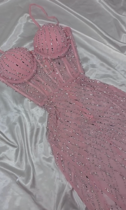 Chic Pink Bodycon Spaghetti Straps Beaded Long Prom Dresses Sweet Birthday Dress ED03457