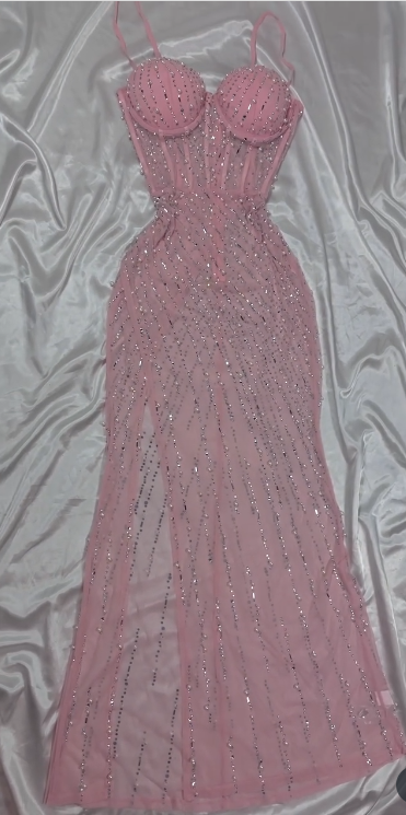 Chic Pink Bodycon Spaghetti Straps Beaded Long Prom Dresses Sweet Birthday Dress ED03457