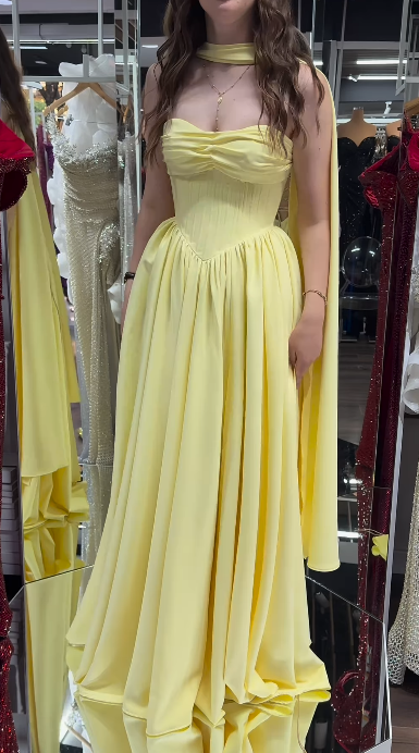 Elegant Butter Yellow A-Line Strapless Chiffon Long Prom Dresses Graduation Dress ED03458