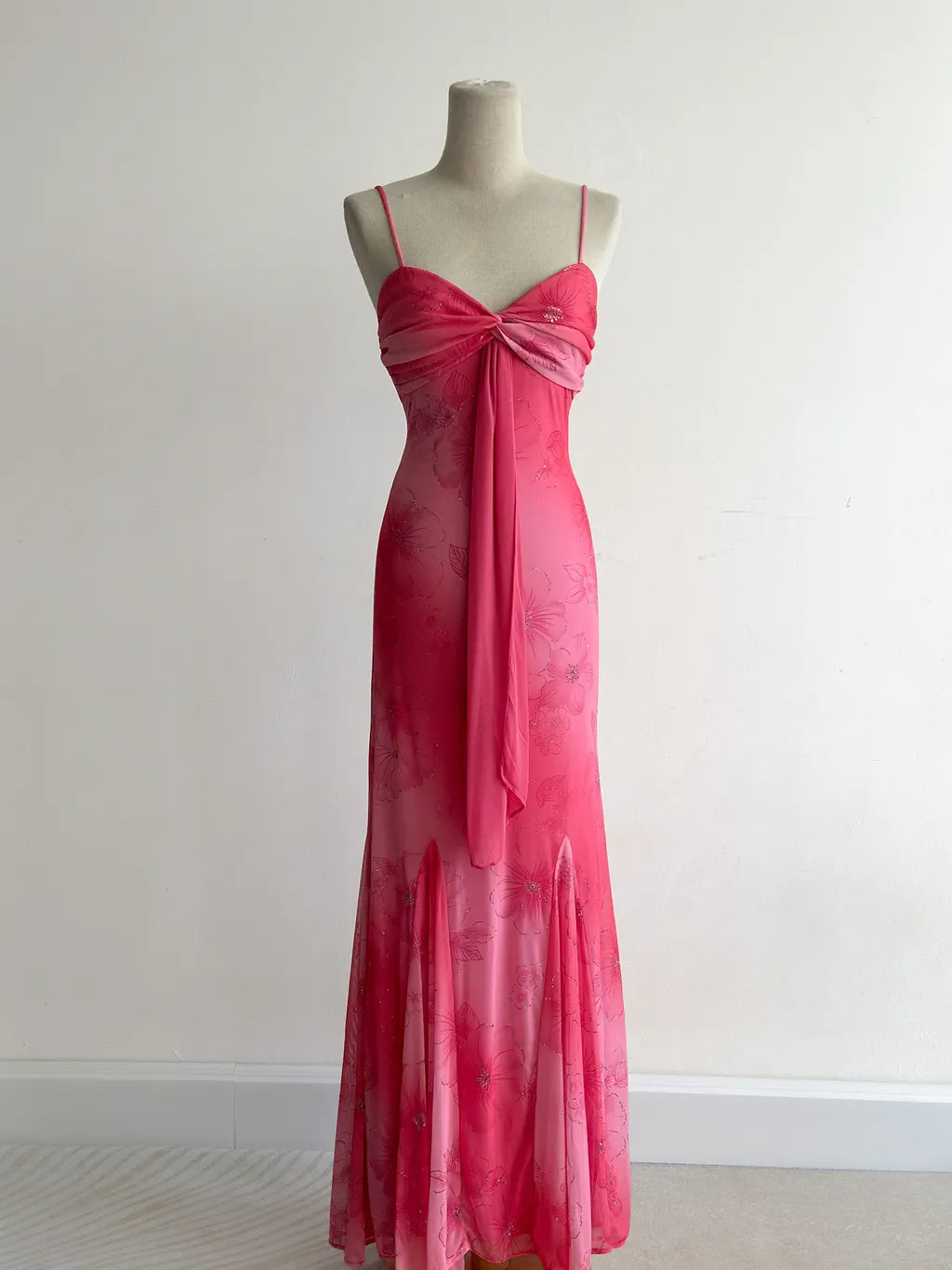 Vintage Hot Pink Mermaid Spaghetti Strap Printed Chiffon Long Prom Dresses, Elegant Evening Gowns ED03460