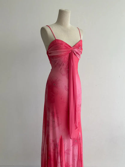 Vintage Hot Pink Mermaid Spaghetti Strap Printed Chiffon Long Prom Dresses, Elegant Evening Gowns ED03460