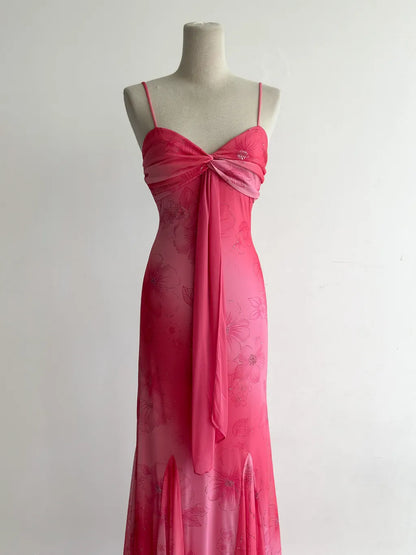 Vintage Hot Pink Mermaid Spaghetti Strap Printed Chiffon Long Prom Dresses, Elegant Evening Gowns ED03460