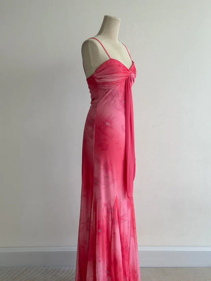 Vintage Hot Pink Mermaid Spaghetti Strap Printed Chiffon Long Prom Dresses, Elegant Evening Gowns ED03460