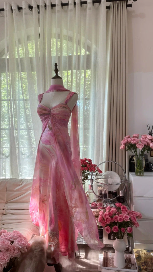 Elegant Pink Strap Sheath Print Chiffon Prom Dresses, Vintage Evening Gowns ED03462