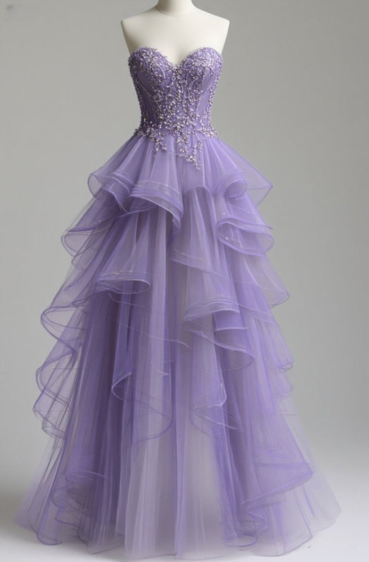Enchanted Purple Sweetheart Neck A-Line Tulle Long Prom Dresses Formal Evening Dress ED03463